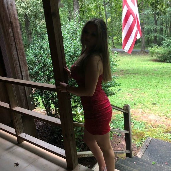 Women’s Red SO Dress Rhinestone Bust Midi Hand-Beaded - Picture 5 of 6